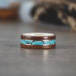 (In-Stock) Antique Walnut Wood Ring, Holly Liner, Center Turquoise & Dual Brass - Size 6 | 7mm Wide