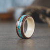 (In-Stock) Antique Walnut Wood Ring, Holly Liner, Center Turquoise & Dual Brass - Size 6 | 7mm Wide