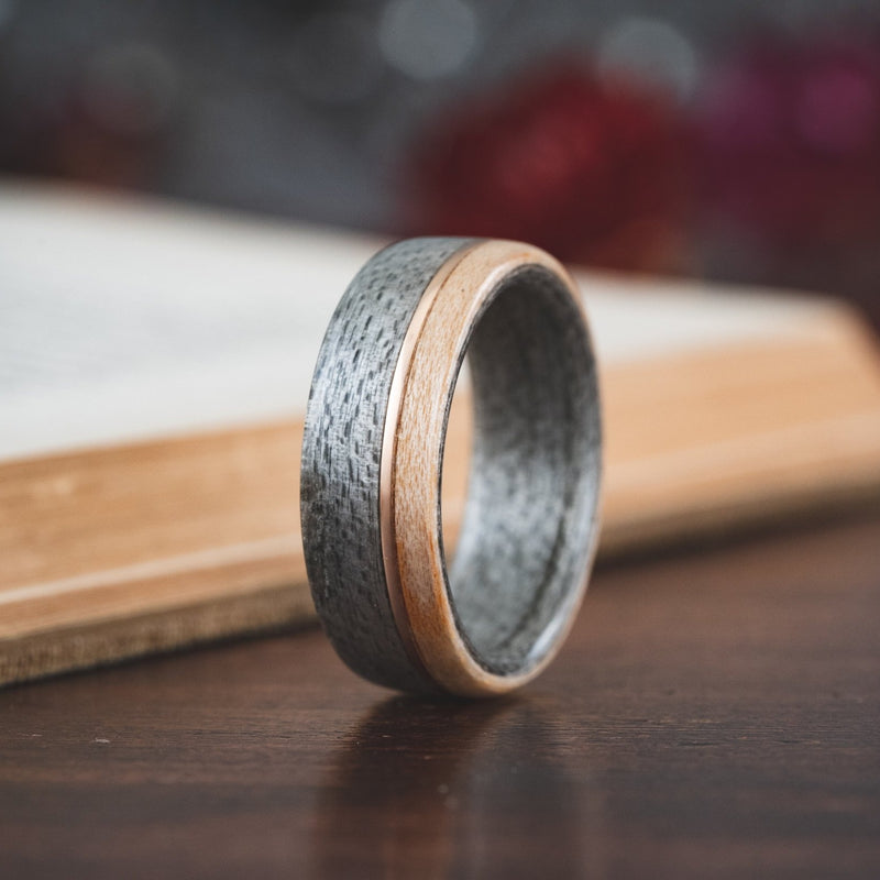 (In-Stock) Weathered Maple Wooden Ring, Offset Bronze & Natural Maple Edge - Size 10 | 8mm Wide