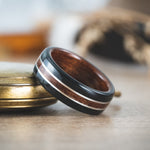 (In-Stock) Weathered Whiskey Barrel Ring, Antique Walnut Liner & Center, Dual Sterling Silver - Size 10.25 | 8mm Wide