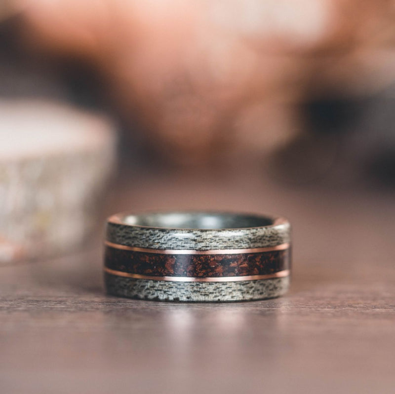 (In-Stock) The Americano | Men's Weathered Maple Wood Wedding Band with Coffee & Bronze Inlays - Size 10.5 | 8mm Wide