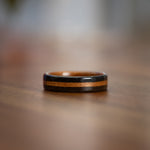 (In-Stock) Weathered Whiskey Barrel Ring, M1 Garand Liner, USS NC Teak Center & WWI Uniform Edge - Size 14 | 7mm Wide