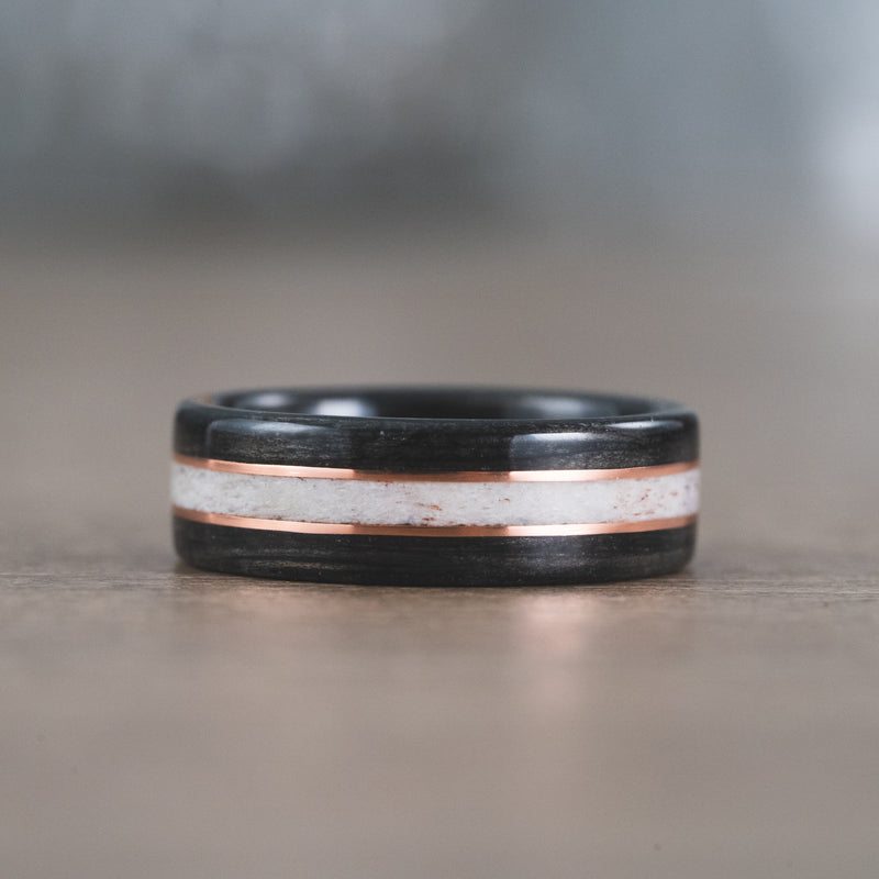 (In-Stock) The Frontiersman Elk Antler and Whiskey Barrel Ring - Copper Inlays - Size 9.25 | 8mm Wide