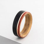 Wood-Wedding-Band-Weathered-Whiskey-Barrel-Natural-Liner-Offset-Copper-Inlay-Bloodwood-Edge-Size-9-7mm-Wide