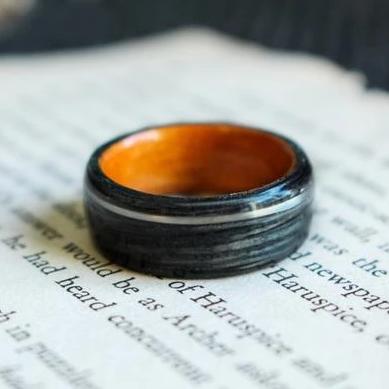In-Stock Ring - (In-Stock) Weathered Jack Daniel's Whiskey/Natural Cherry W/ Rose Gold Inlay - Size 9/9 Mm Wide