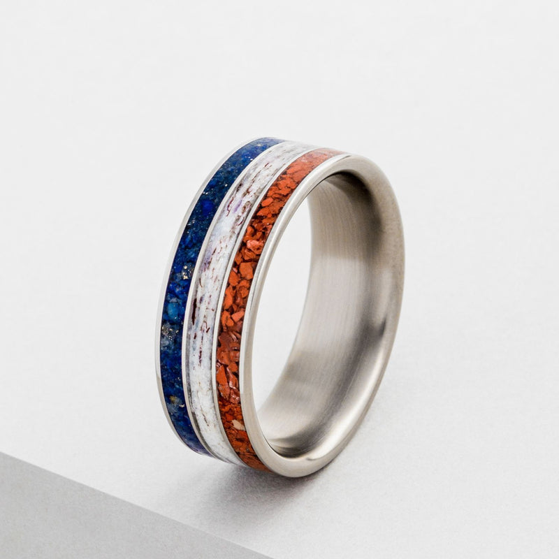 (In-Stock) The Patriot | Men's Titanium Wedding Band with Lapis Lazuli, Red Opal and Elk Antler Inlays - Size 12.25, 8mm Wide