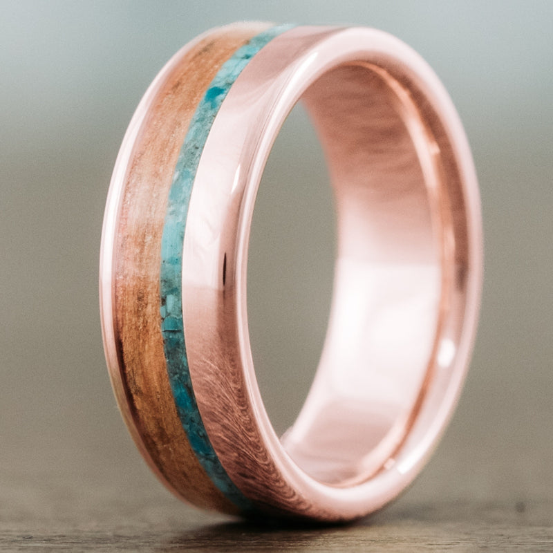 The Reeves  Men's Gold Wedding Band + Whiskey Barrel Wood & Turquoise –  Rustic and Main