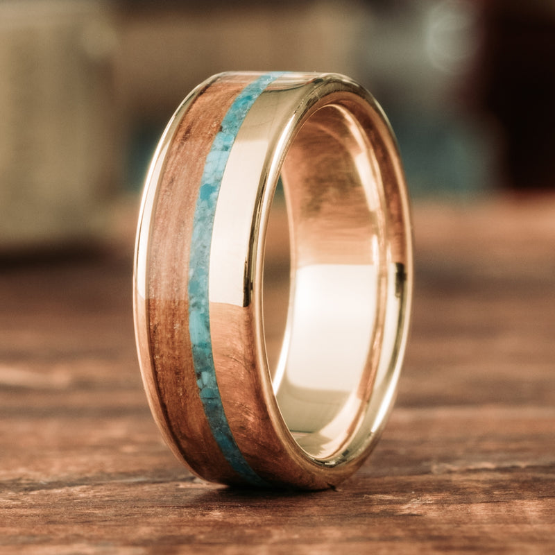 The Reeves | Men's Gold Wedding Band with Whiskey Barrel & Turquoise
