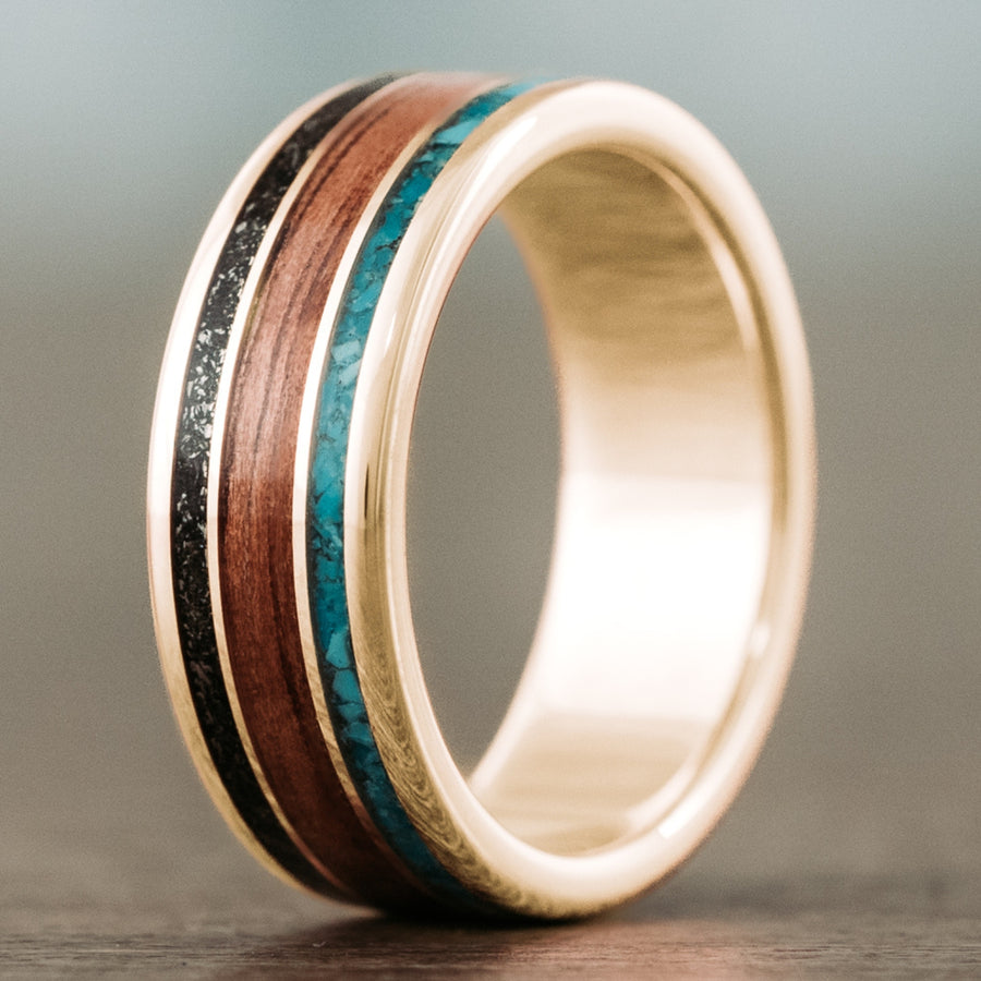 The Mahalo | Men's Gold Wedding Band with Meteorite, Koa Wood & Turquoise