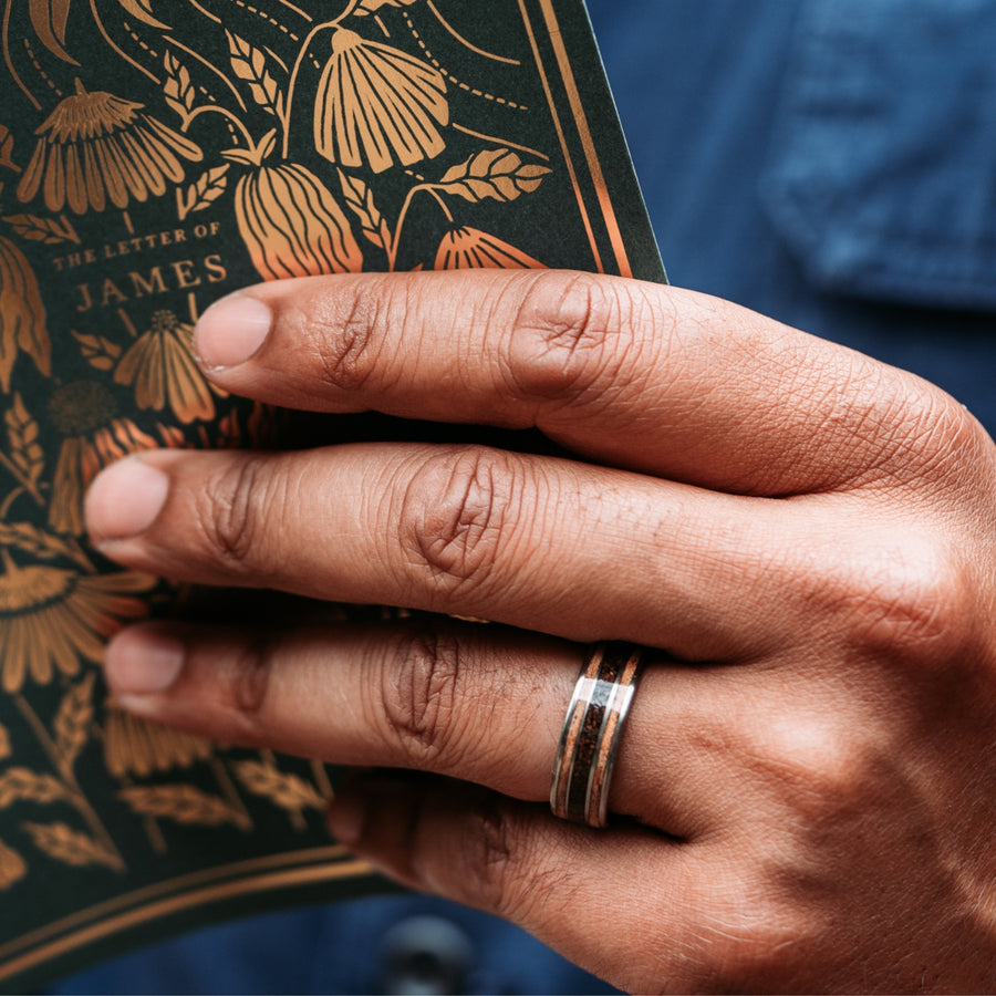 The Campfire | Men's Titanium Wedding Band with Mesquite Wood & Coffee