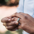 (In-Stock) The Odyssey | Men's 10K White Gold Wedding Band with Offset Turquoise - Size 10.5 | 6mm Wide