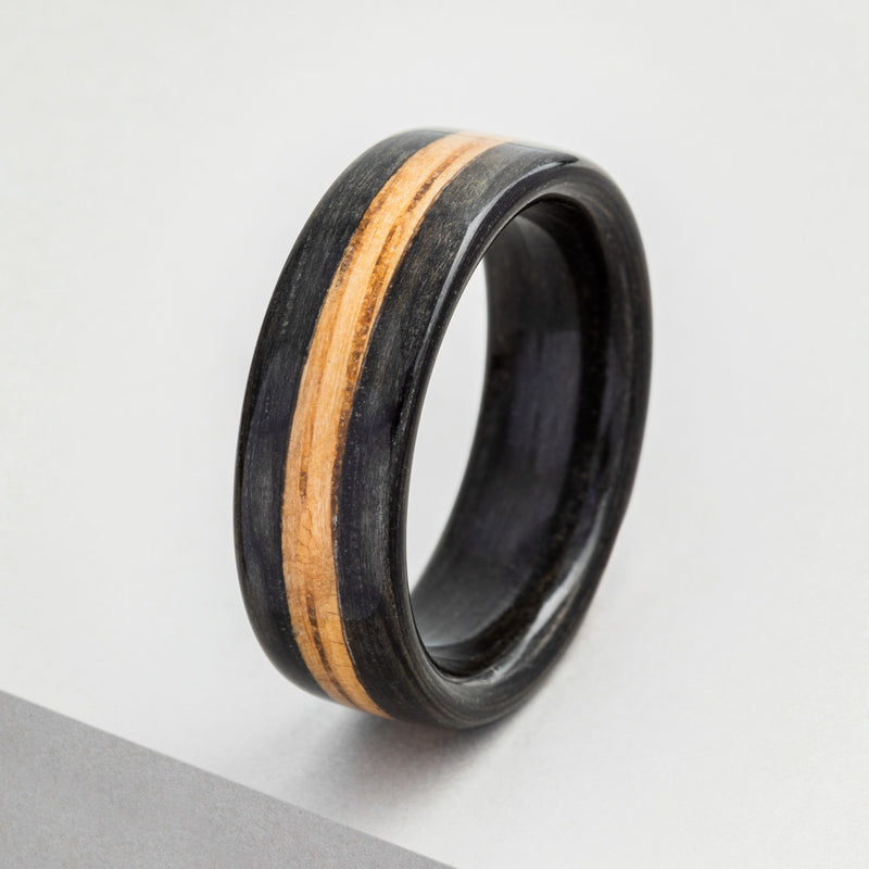 (In-Stock) The Whiskey Double - Weathered Whiskey Barrel Wedding Band with Natural Whiskey Barrel Inlay - Size 10.25 | 8mm Wide