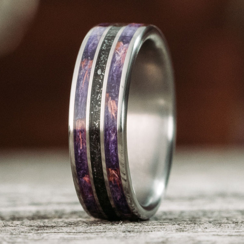 titanium-meteorite-lavender-flowers-wedding-band-ring-rustic-and-main